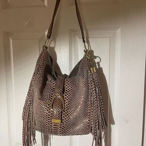 G.I.L.I. Leather Brown snake skin print Medium Boho shoulder bag Tasel accent .